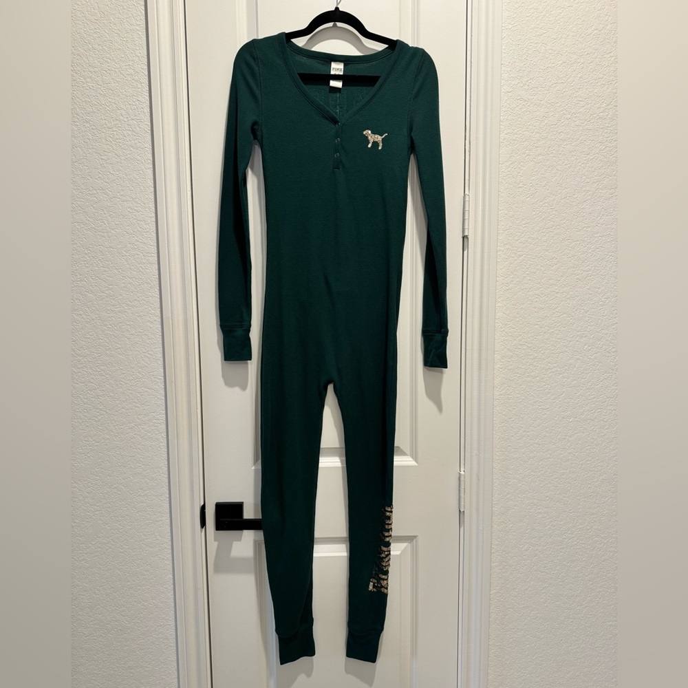 PINK Victoria's Secret Dark Green One-Piece Pajama Jumpsuit